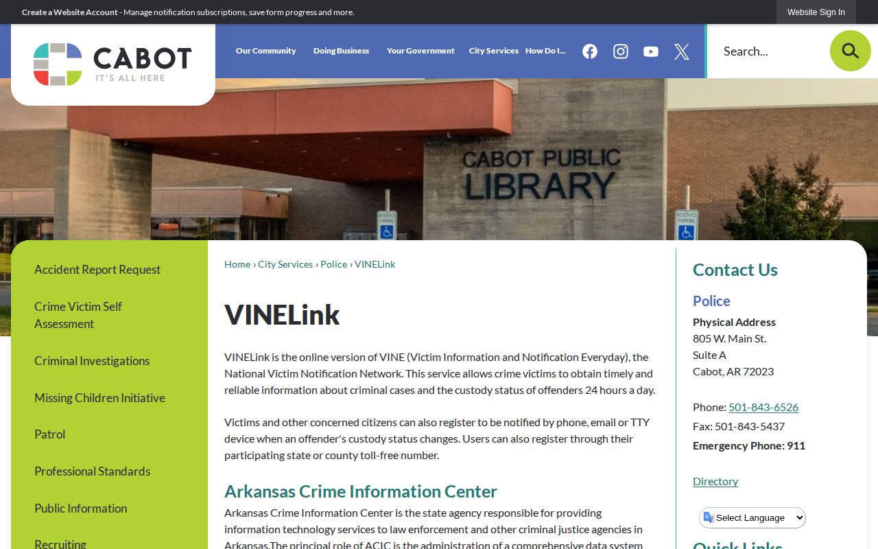 Cabot official VINE custody notification page for Lonoke County arrest status