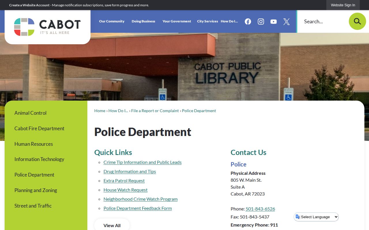 Cabot Police Department official arrest-record contact page in Lonoke County