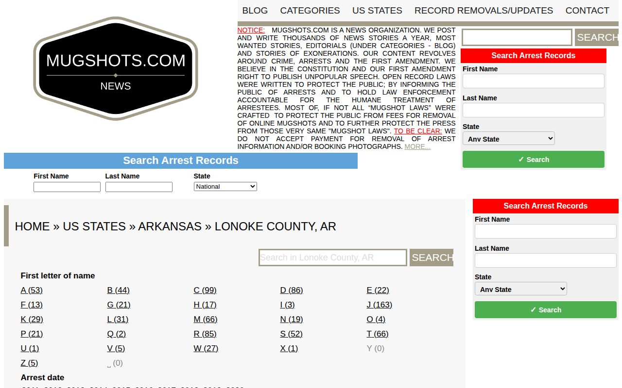 Unofficial Mugshots.com Lonoke County historical arrest archive
